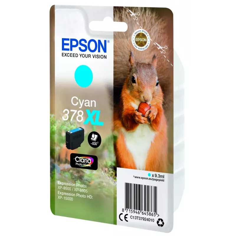Epson Squirrel pack individual cian 378XL Claria Photo HD tinta, alto (XL) rendimiento, cian, 9,3 ml, 1 ud., 830 páginas