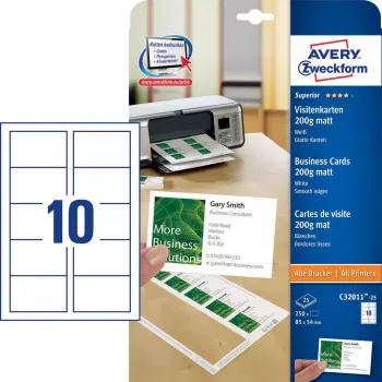 Avery Zweckform Quick&Clean C32011-25 Tarjetas de visita, blanco, 200 g/m2, 250 uds. (25 hojas)