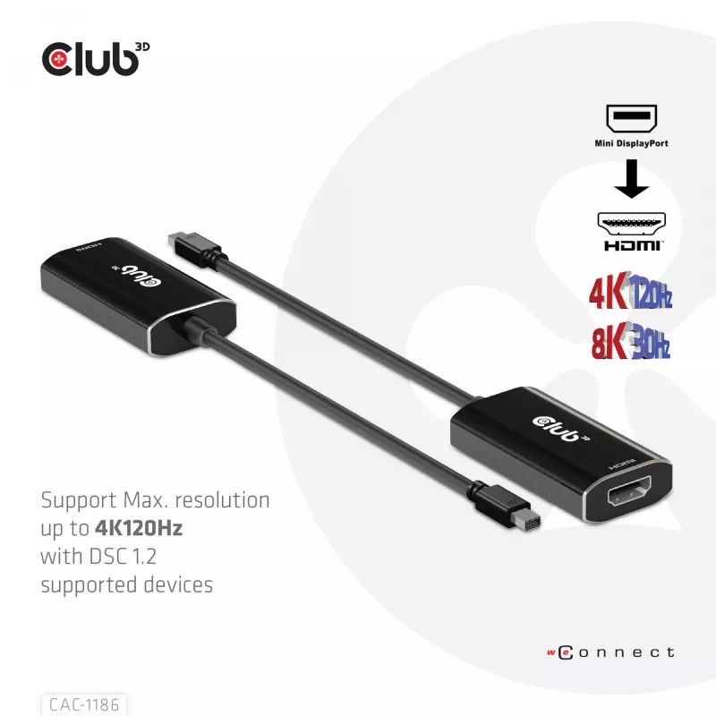 Club 3D CAC-1186 cable adaptador activo de Mini DisplayPort a HDMI 2.1, 4K 120 Hz, 8K 30 Hz, HDR, 15 cm, macho/hembra