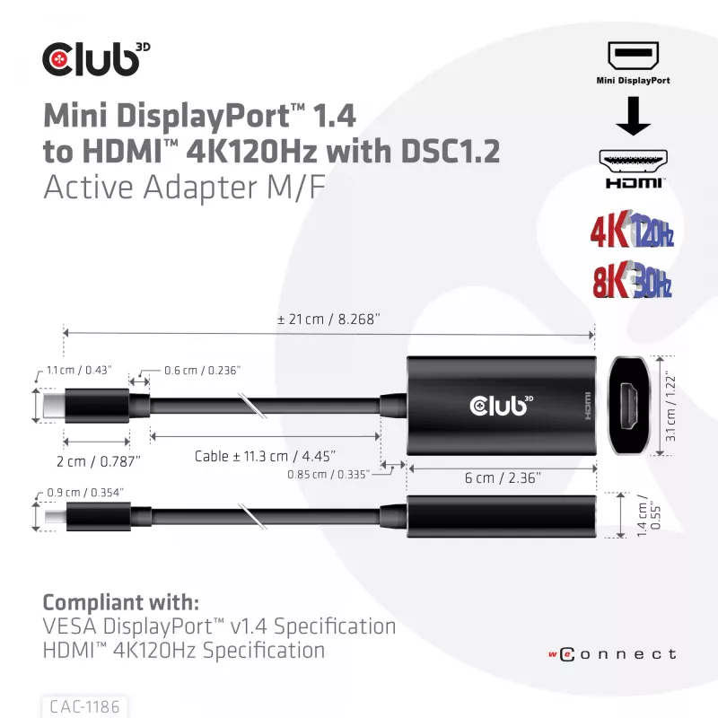 Club 3D CAC-1186 cable adaptador activo de Mini DisplayPort a HDMI 2.1, 4K 120 Hz, 8K 30 Hz, HDR, 15 cm, macho/hembra