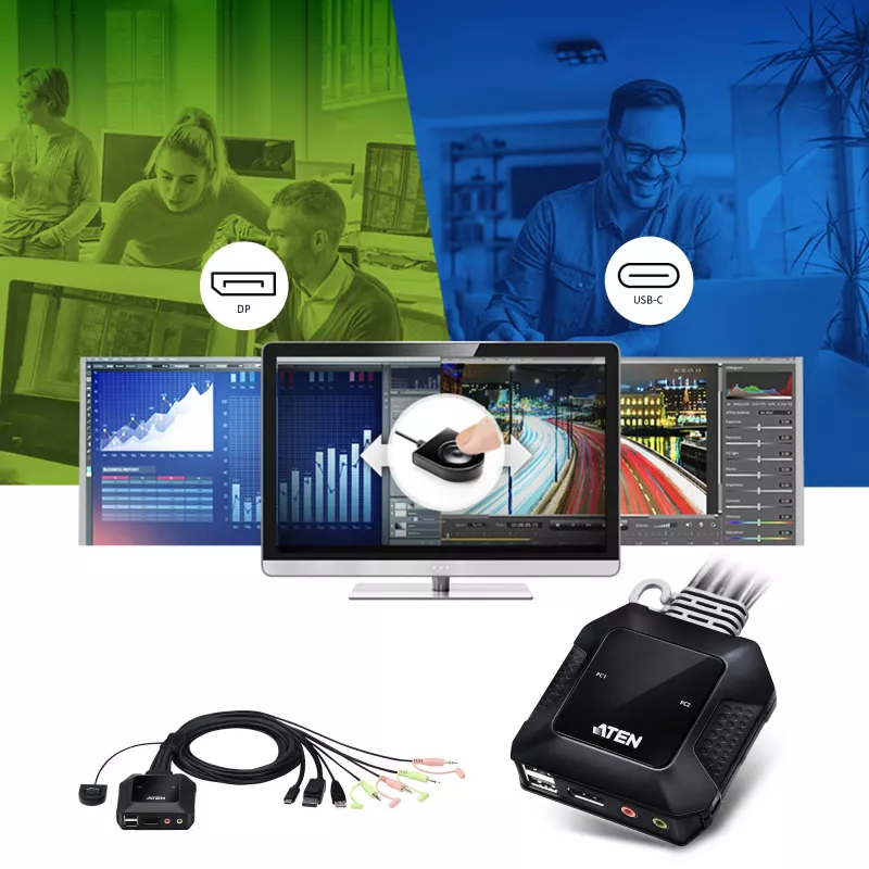 Conmutador KVM híbrido ATEN 2 puertos USB-C DisplayPort con cable, 4096 x 2160 píxeles, 4K Ultra HD, 0,74 W, negro