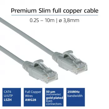 Cable de red slimline para centro de datos ACT Gris 0,5 metros LSZH U/UTP CAT6 snagless con conectores RJ45
