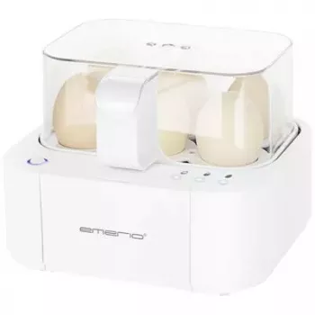Huevos cocidos Emerio EB-115560.12 — capacidad 6 huevos, carcasa blanca, luz indicadora, peso 1,01 kg