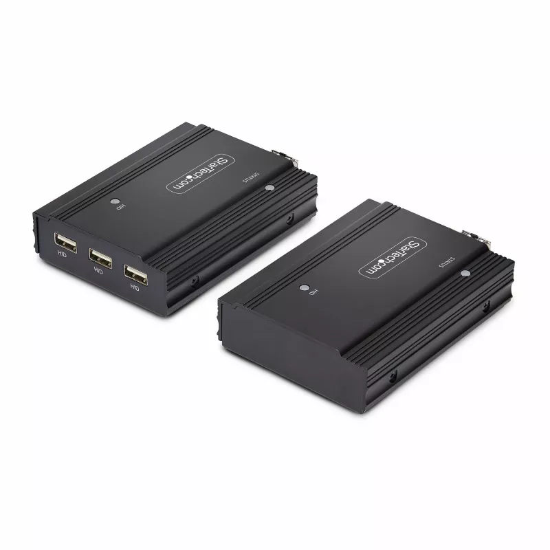 StarTech.com extensor KVM DisplayPort sobre fibra óptica, 4K 60Hz, kit extensor de consola, hasta 300 m (multimodo) con módulos SFP+ preinstalados, 3x USB HID