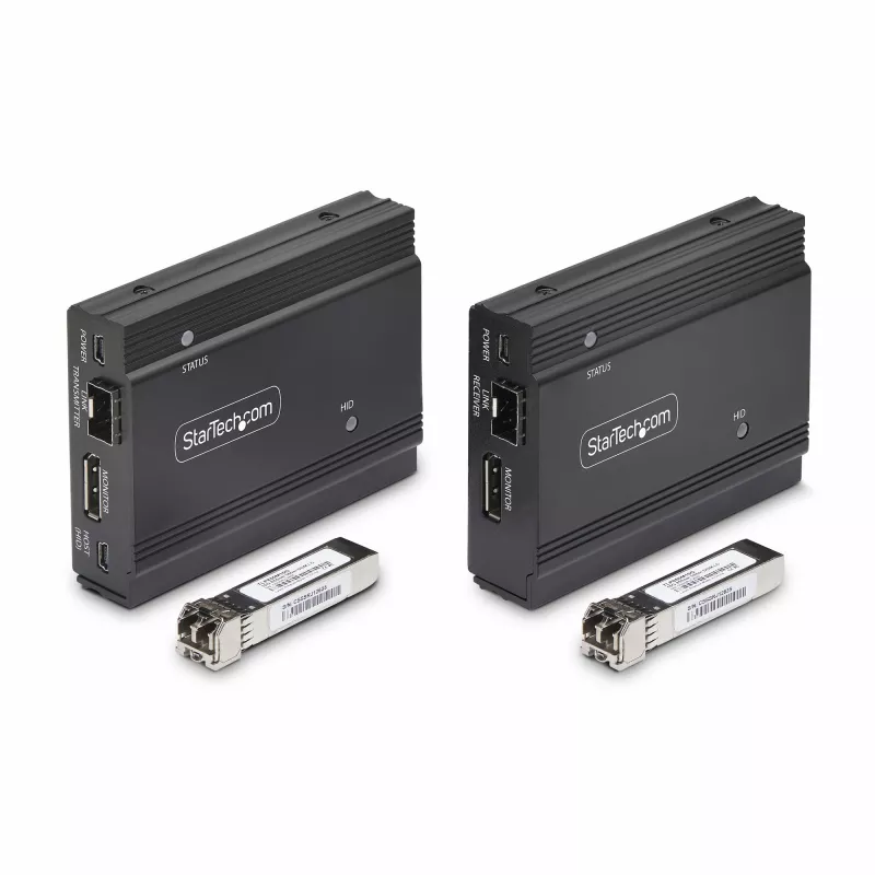 StarTech.com extensor KVM DisplayPort sobre fibra óptica, 4K 60Hz, kit extensor de consola, hasta 300 m (multimodo) con módulos SFP+ preinstalados, 3x USB HID