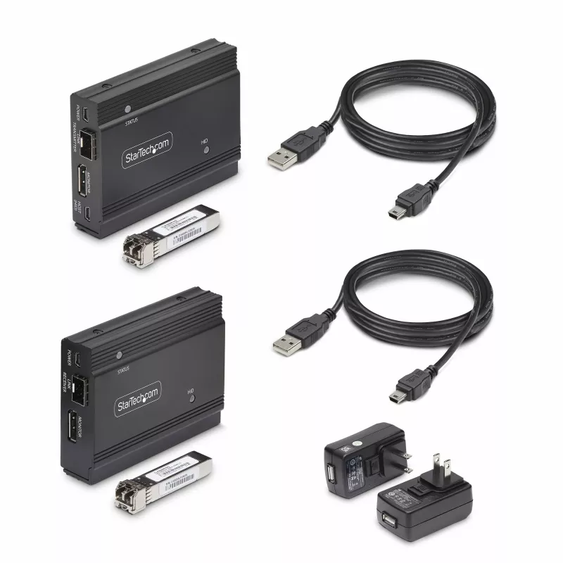 StarTech.com extensor KVM DisplayPort sobre fibra óptica, 4K 60Hz, kit extensor de consola, hasta 300 m (multimodo) con módulos SFP+ preinstalados, 3x USB HID