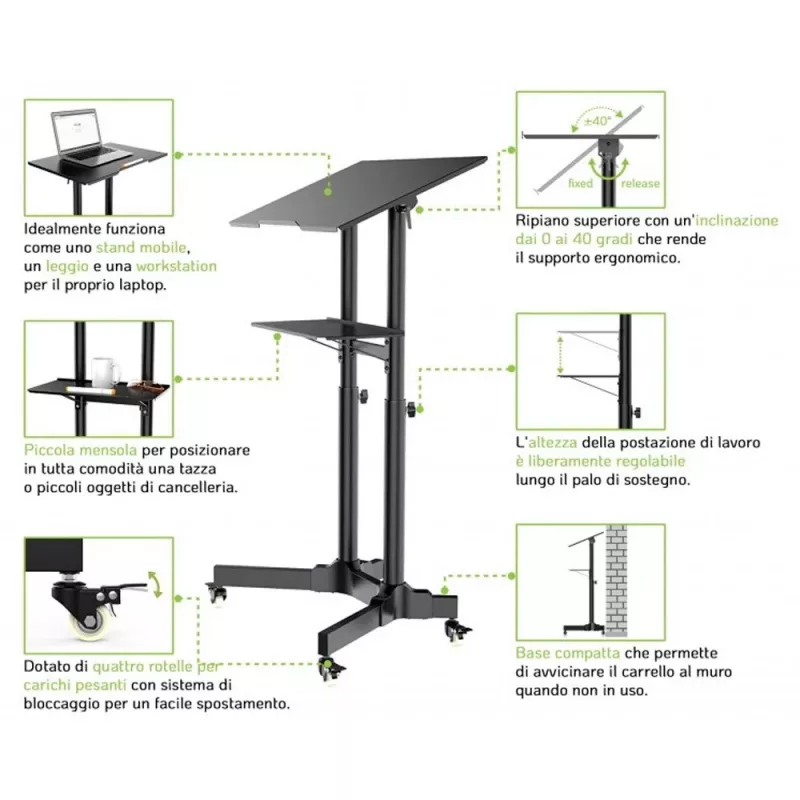 Techly ICA-TB TPM-1BK Carrito universal para portátil/proyector, 103-125 cm, negro