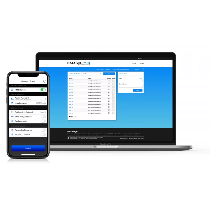 Memoria USB cifrada iStorage datAshur BT IS-FL-DBT-256-64, 64 GB, USB 3.2 Gen 1, autenticación con smartphone por Bluetooth, cifrado por hardware AES-XTS de 256 bits, autenticación de dos factores por SMS, preparada para gestión remota
