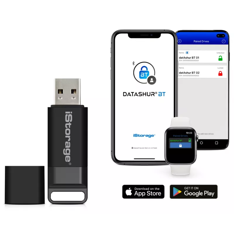 Memoria USB cifrada iStorage datAshur BT IS-FL-DBT-256-64, 64 GB, USB 3.2 Gen 1, autenticación con smartphone por Bluetooth, cifrado por hardware AES-XTS de 256 bits, autenticación de dos factores por SMS, preparada para gestión remota