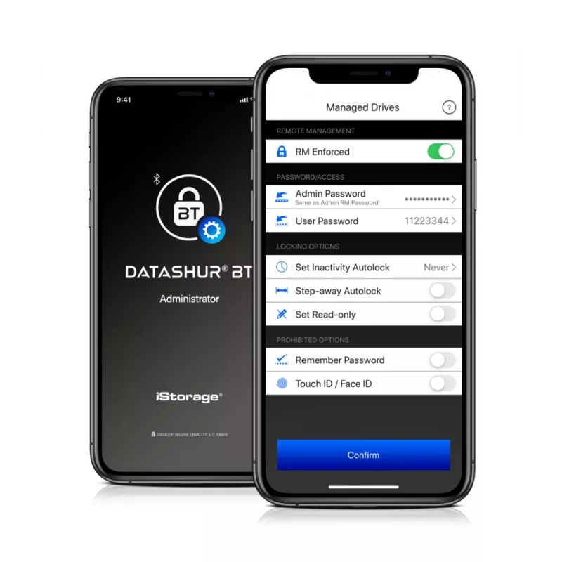 Memoria USB cifrada iStorage datAshur BT IS-FL-DBT-256-64, 64 GB, USB 3.2 Gen 1, autenticación con smartphone por Bluetooth, cifrado por hardware AES-XTS de 256 bits, autenticación de dos factores por SMS, preparada para gestión remota