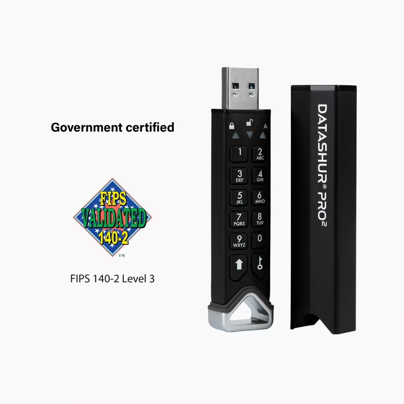 iStorage datAshur PRO2 32 GB | memoria USB segura | certificada FIPS 140-2 nivel 3 | cifrado de hardware AES-XTS de 256 bits | protegida por contraseña | resistente al polvo y al agua |