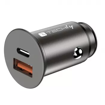 Cargador de coche Techly Mini USB-A y USB-C Quick Charge 3.0 38W en metal negro