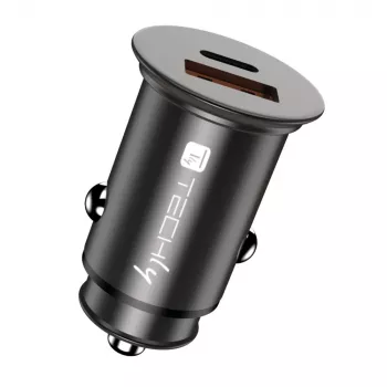 Cargador de coche Techly Mini USB-A y USB-C Quick Charge 3.0 38W en metal negro