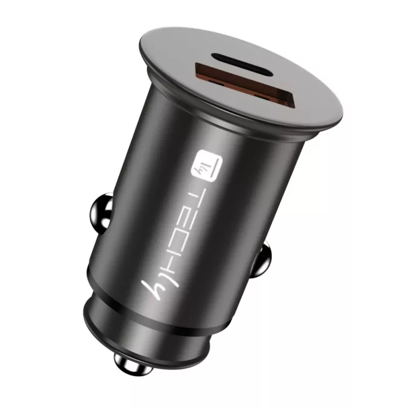 Cargador de coche Techly Mini USB-A y USB-C Quick Charge 3.0 38W en metal negro