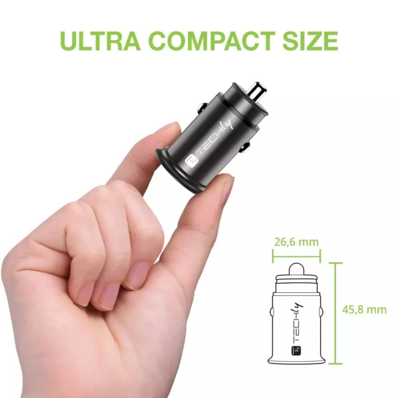 Cargador de coche Techly Mini USB-A y USB-C Quick Charge 3.0 38W en metal negro