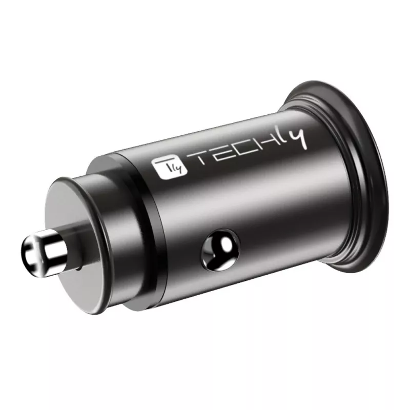 Cargador de coche Techly Mini USB-A y USB-C Quick Charge 3.0 38W en metal negro
