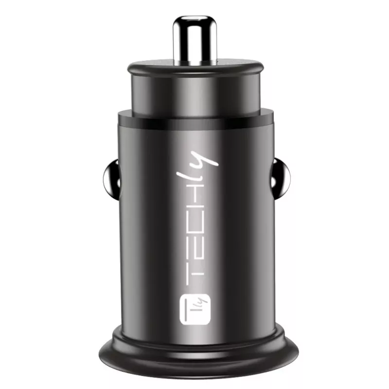 Cargador de coche Techly Mini USB-A y USB-C Quick Charge 3.0 38W en metal negro