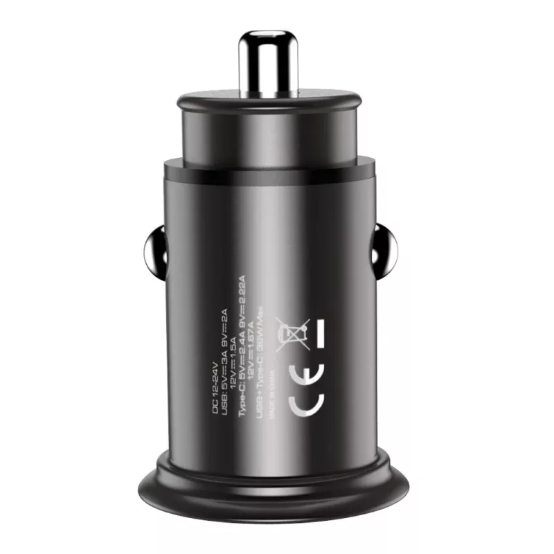 Cargador de coche Techly Mini USB-A y USB-C Quick Charge 3.0 38W en metal negro