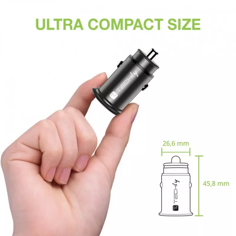 Cargador de coche Techly Mini USB-A y USB-C Quick Charge 3.0 38W en metal negro