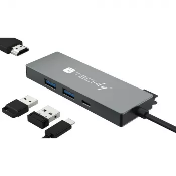 Techly IUSB32C-HUB4HPD estación de acoplamiento/replicador de puertos para portátil con cable USB 3.2 Gen 2 (3.1 Gen 2) Type-C gris