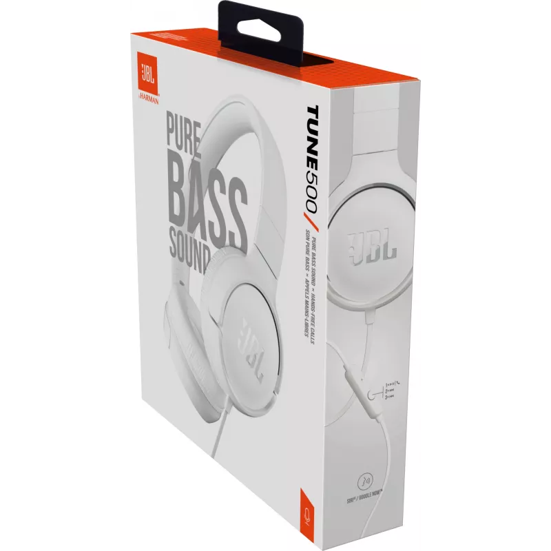 JBL Tune 500 JBLT500WHT auriculares supraaurales, con cable, micrófono, cable plano antienredos, blancos