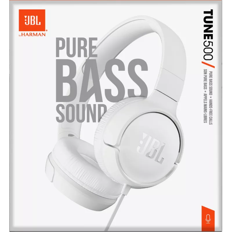 JBL Tune 500 JBLT500WHT auriculares supraaurales, con cable, micrófono, cable plano antienredos, blancos