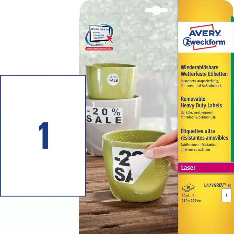 Etiqueta autoadhesiva rectangular Avery Zweckform L4775REV-20 — Blanco, Permanente, 210×297 mm, 20 hojas