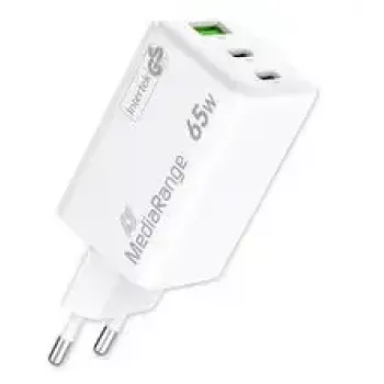 Cargador para dispositivos móviles MediaRange MRMA116-2 — Cargador rápido de CA para interiores, entrada 100–240V, salida de hasta 20V, 2× USB-C, blanco