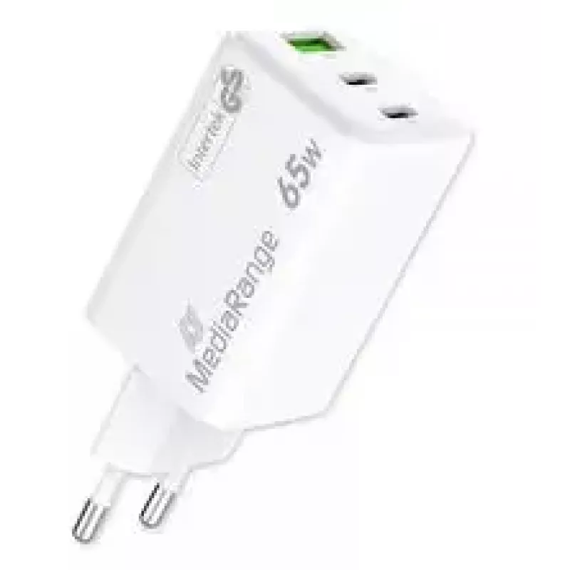Cargador de pared GaN MediaRange MRMA116-2, 65 W, 3 puertos (1x USB-A, 2x USB-C), blanco