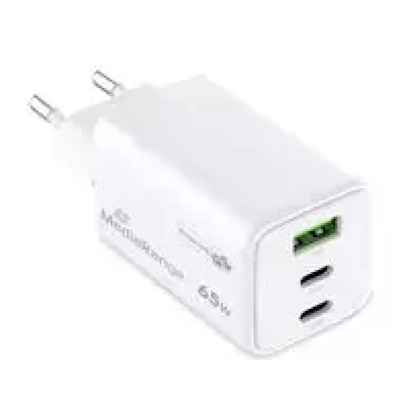 Cargador de pared GaN MediaRange MRMA116-2, 65 W, 3 puertos (1x USB-A, 2x USB-C), blanco
