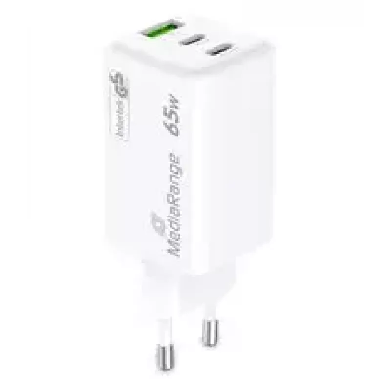 Cargador de pared GaN MediaRange MRMA116-2, 65 W, 3 puertos (1x USB-A, 2x USB-C), blanco