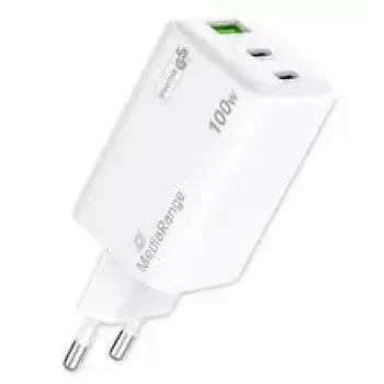 Cargador para dispositivos móviles MediaRange MRMA123 — Cargador rápido de CA para interiores para portátil, smartphone, tablet, 100–240V, 2× USB-C, 20V máx., blanco