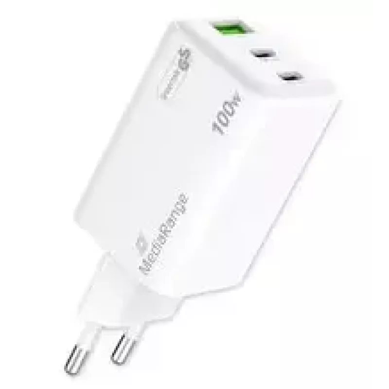 Cargador para dispositivos móviles MediaRange MRMA123 — Cargador rápido de CA para interiores para portátil, smartphone, tablet, 100–240V, 2× USB-C, 20V máx., blanco