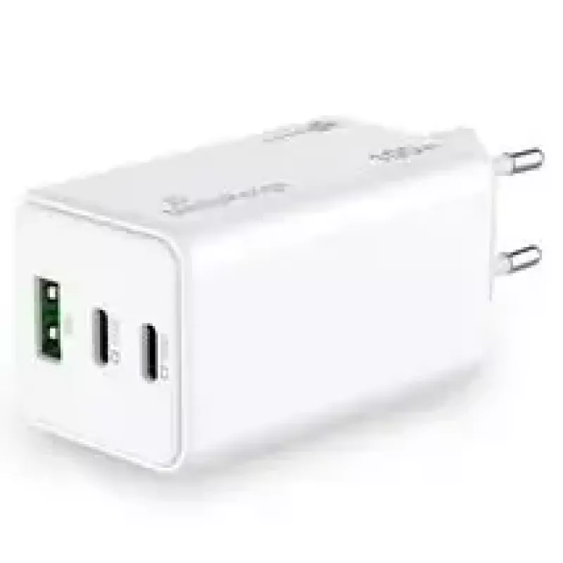 Cargador para dispositivos móviles MediaRange MRMA123 — Cargador rápido de CA para interiores para portátil, smartphone, tablet, 100–240V, 2× USB-C, 20V máx., blanco