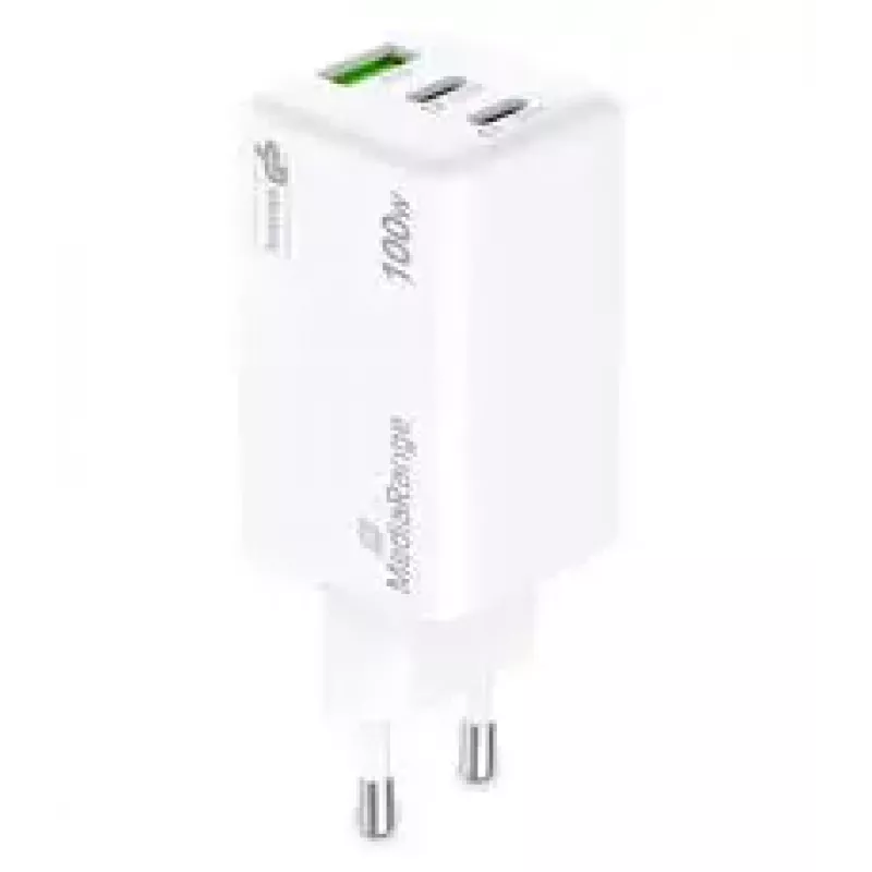 Cargador para dispositivos móviles MediaRange MRMA123 — Cargador rápido de CA para interiores para portátil, smartphone, tablet, 100–240V, 2× USB-C, 20V máx., blanco