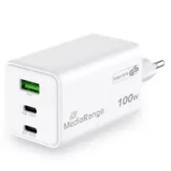 Cargador para dispositivos móviles MediaRange MRMA123 — Cargador rápido de CA para interiores para portátil, smartphone, tablet, 100–240V, 2× USB-C, 20V máx., blanco