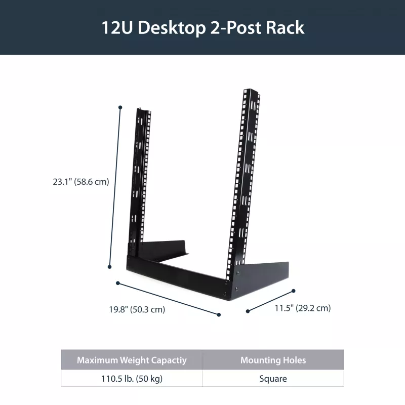 Rack de servidor de escritorio StarTech.com 2 postes 12U, rack de ordenador abierto pequeño de 19 pulgadas, rack de red compacto para equipos AV/estudio/datos/IT – rack de dos postes independiente para aplicaciones domésticas/de oficina