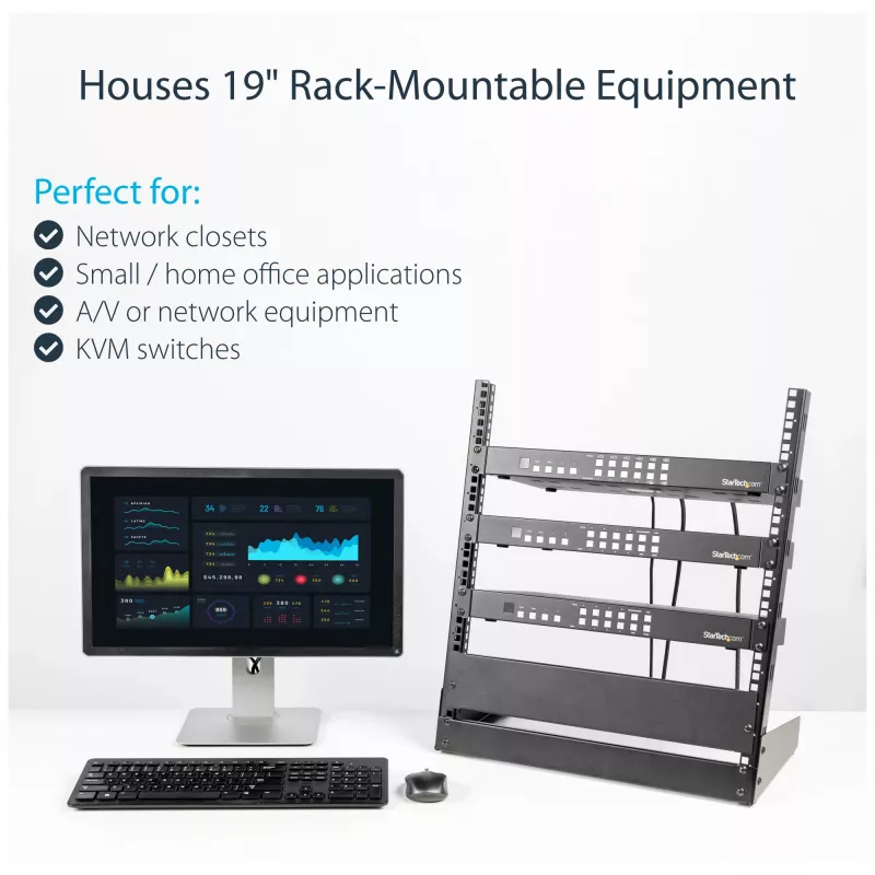 Rack de servidor de escritorio StarTech.com 2 postes 12U, rack de ordenador abierto pequeño de 19 pulgadas, rack de red compacto para equipos AV/estudio/datos/IT – rack de dos postes independiente para aplicaciones domésticas/de oficina