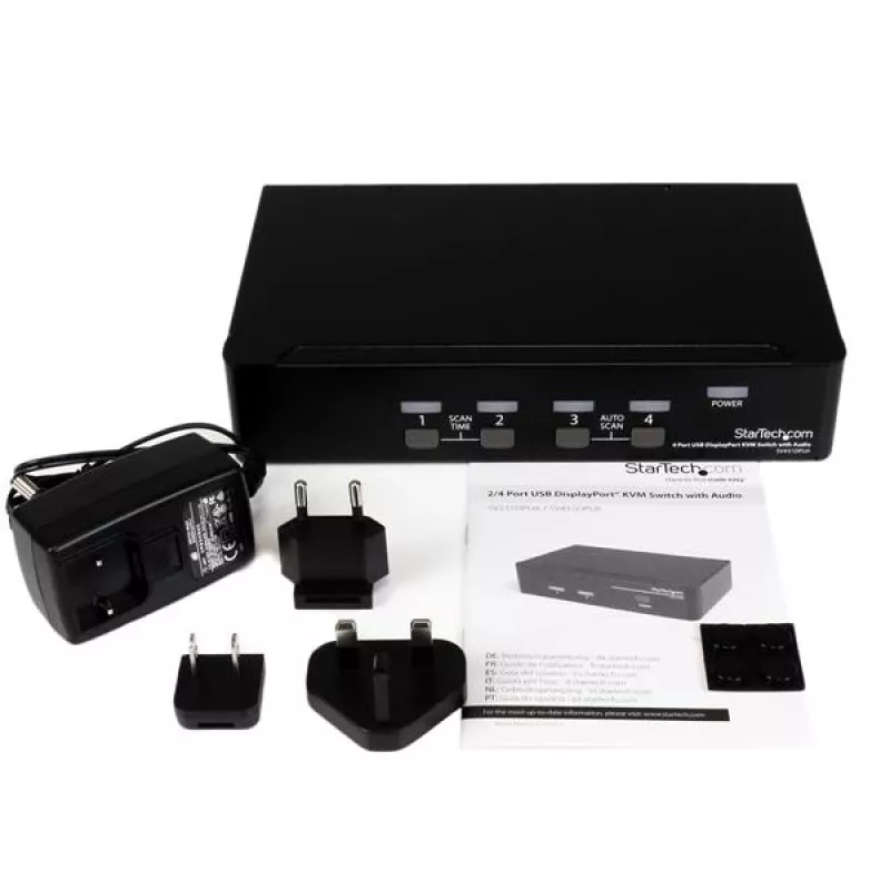 Conmutador KVM USB DisplayPort de 4 puertos StarTech.com con audio, 3840 x 2400 píxeles, negro