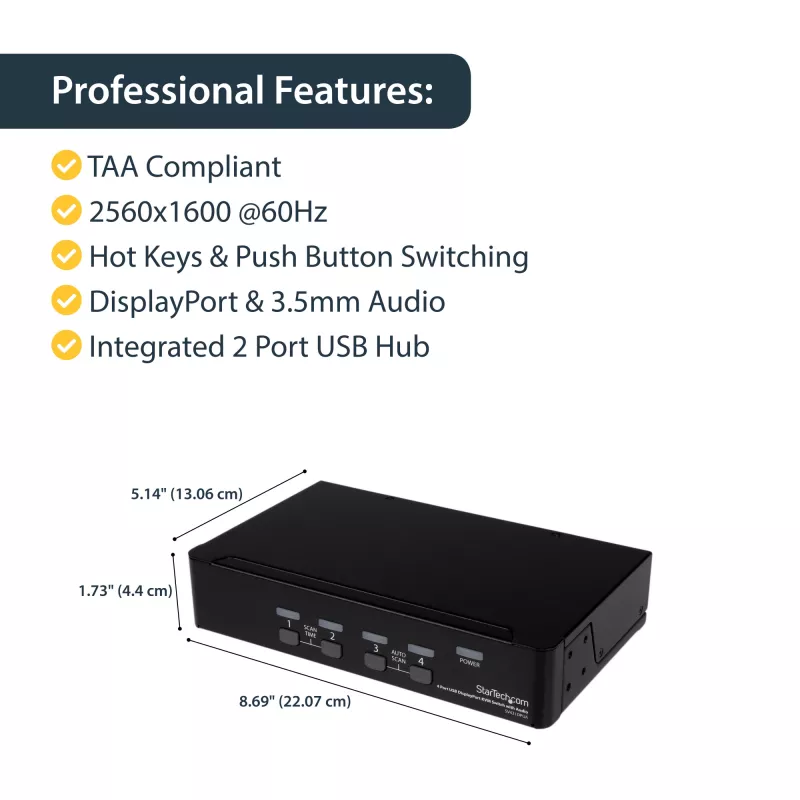 Conmutador KVM USB DisplayPort de 4 puertos StarTech.com con audio, 3840 x 2400 píxeles, negro
