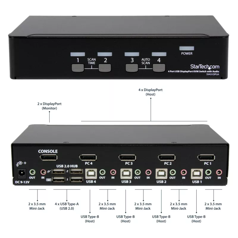 Conmutador KVM USB DisplayPort de 4 puertos StarTech.com con audio, 3840 x 2400 píxeles, negro