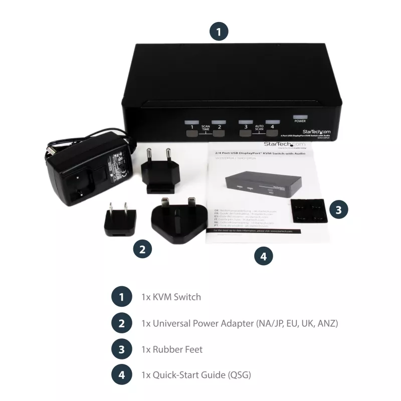 Conmutador KVM USB DisplayPort de 4 puertos StarTech.com con audio, 3840 x 2400 píxeles, negro