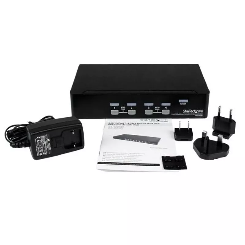Conmutador KVM USB StarTech.com de 4 puertos para rack 1HE con OSD, 1920 x 1440 píxeles, montaje en rack, 5,4 W, 1HE, negro