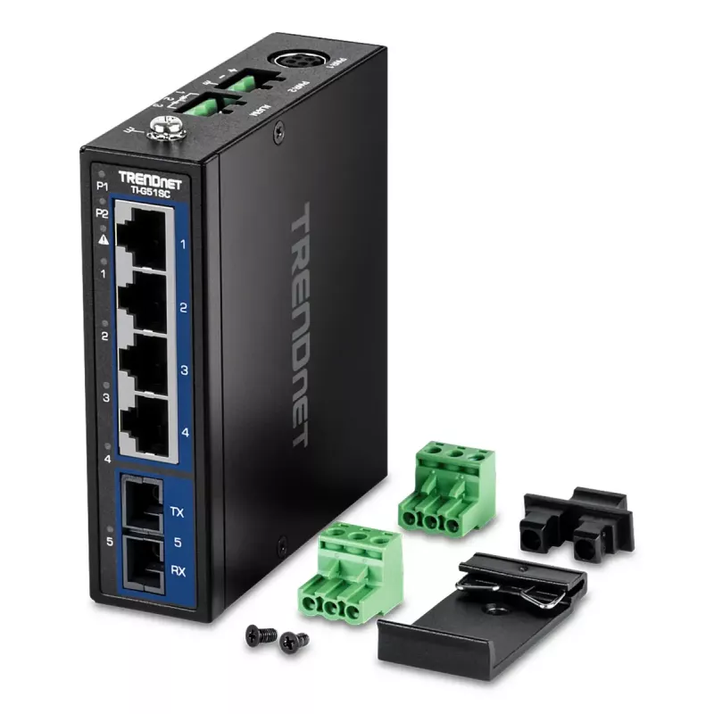 Switch Gigabit Ethernet no gestionado TRENDnet TI-G51SC, 4x RJ-45 10/100/1000, capacidad 10 Gbit/s, 2000 MAC, 9–60 V, montaje en pared