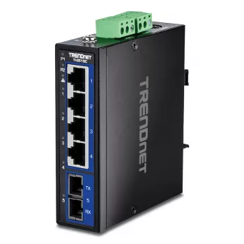 Switch Gigabit Ethernet no gestionado TRENDnet TI-G51SC, 4x RJ-45 10/100/1000, capacidad 10 Gbit/s, 2000 MAC, 9–60 V, montaje en pared