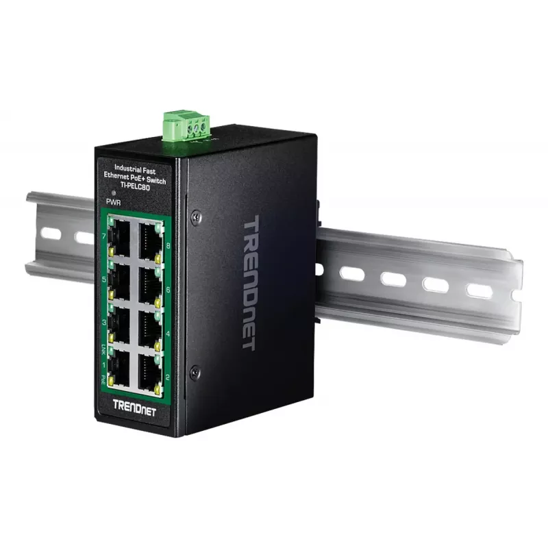 Switch Fast Ethernet PoE no gestionado TRENDnet TI-PELC80 — 8x 10/100 Mbps RJ-45, IEEE 802.3af/at, 48–56V DC, montaje en pared