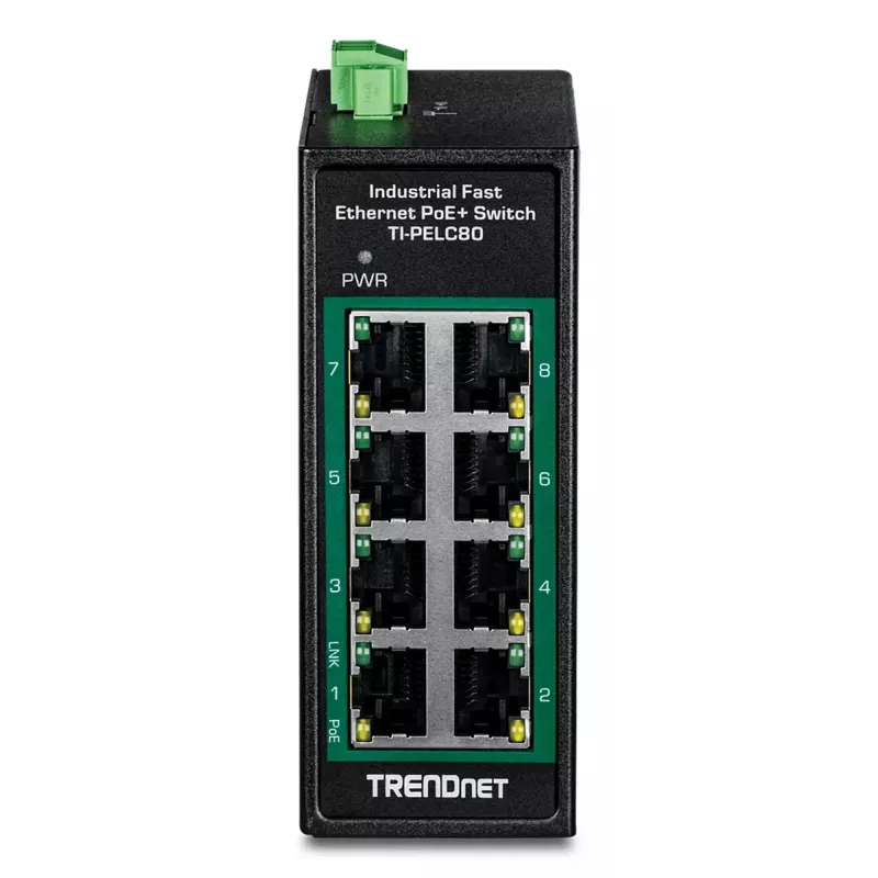 Switch Fast Ethernet PoE no gestionado TRENDnet TI-PELC80 — 8x 10/100 Mbps RJ-45, IEEE 802.3af/at, 48–56V DC, montaje en pared