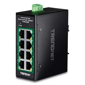 Switch Fast Ethernet PoE no gestionado TRENDnet TI-PELC80 — 8x 10/100 Mbps RJ-45, IEEE 802.3af/at, 48–56V DC, montaje en pared