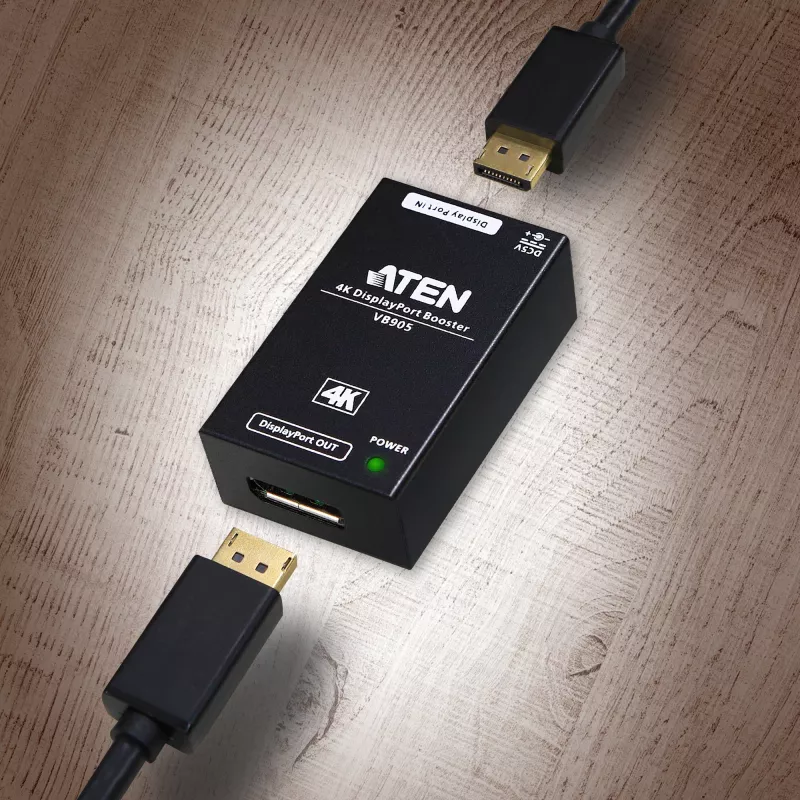 Repetidor AV ATEN 4K Display Port Booster VB905-AT-G — 4K (4096×2160), con cable, alcance de 20 m, 5 V/2,6 A, negro