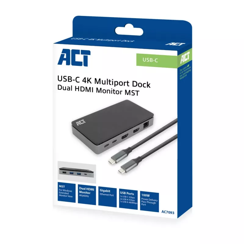 ACT Estación de acoplamiento USB-C 4K MST para 2 monitores HDMI, Ethernet, USB-C, 3x USB-A, PD-Passthrough y 1 metro de cable de conexión extraíble